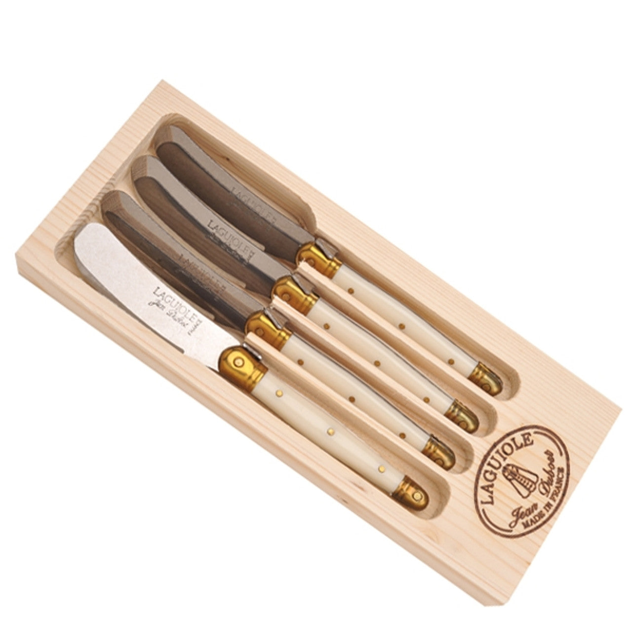 Jean Dubost 4 Spreaders with Ivory colored handles in a Wooden Box