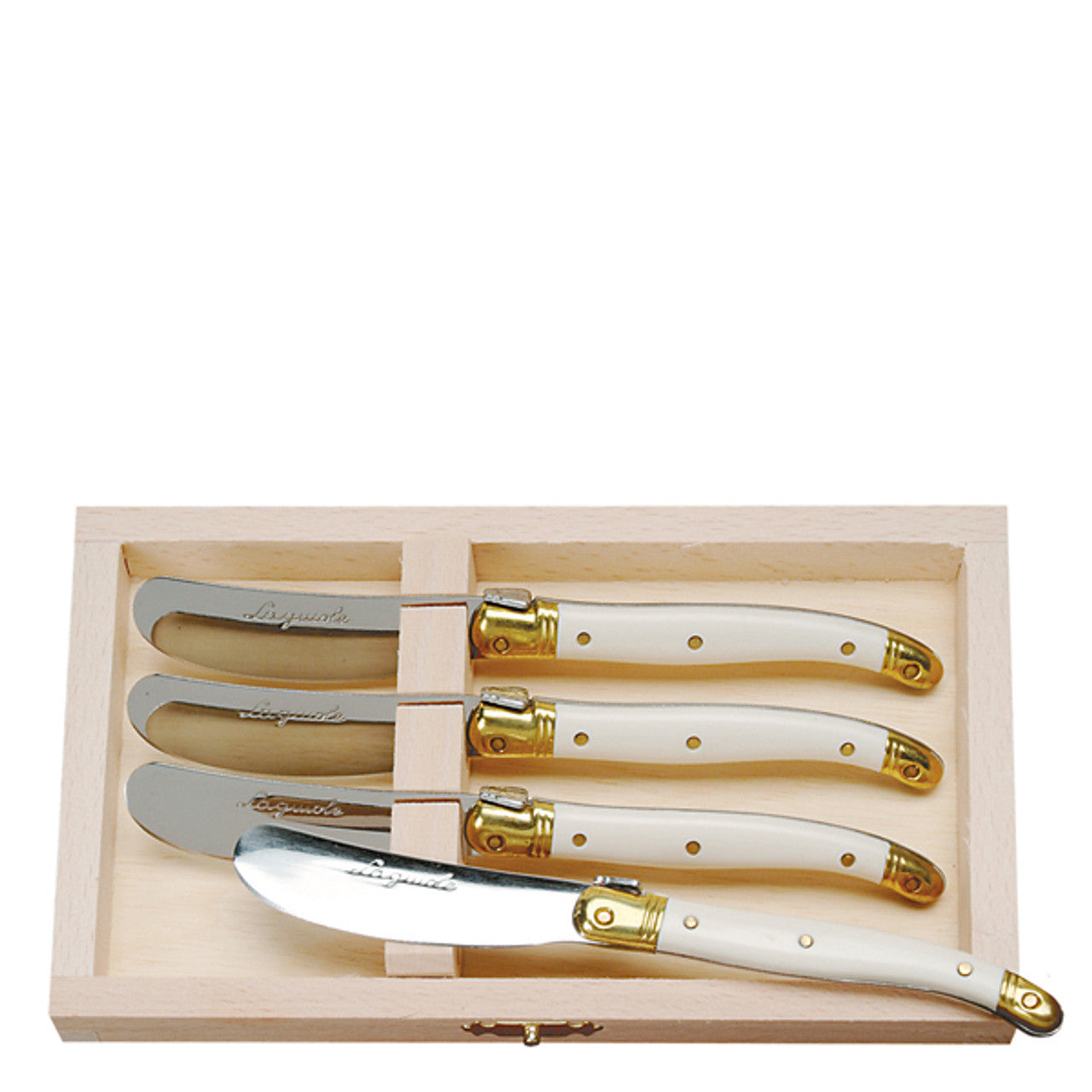 Jean Dubost 4 Spreaders with Ivory colored handles in a Wooden Box